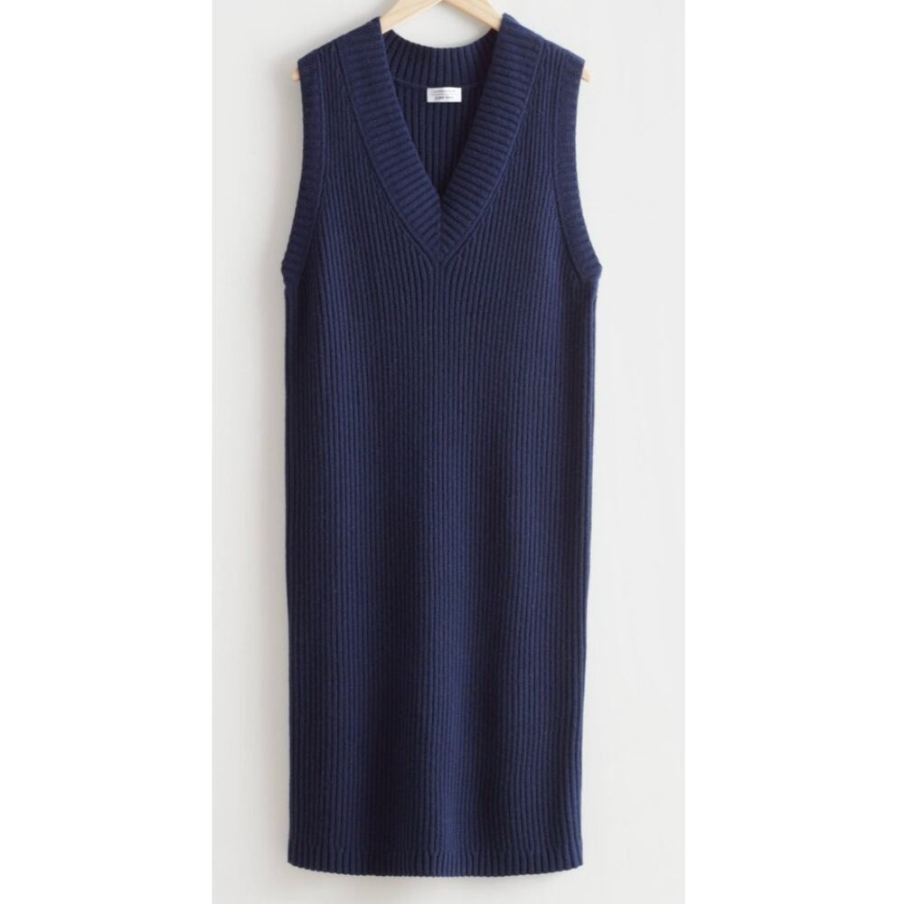 & Other Stories wool ribbed sweater vest midi dress Navy Size Sm Minimal Preppy
